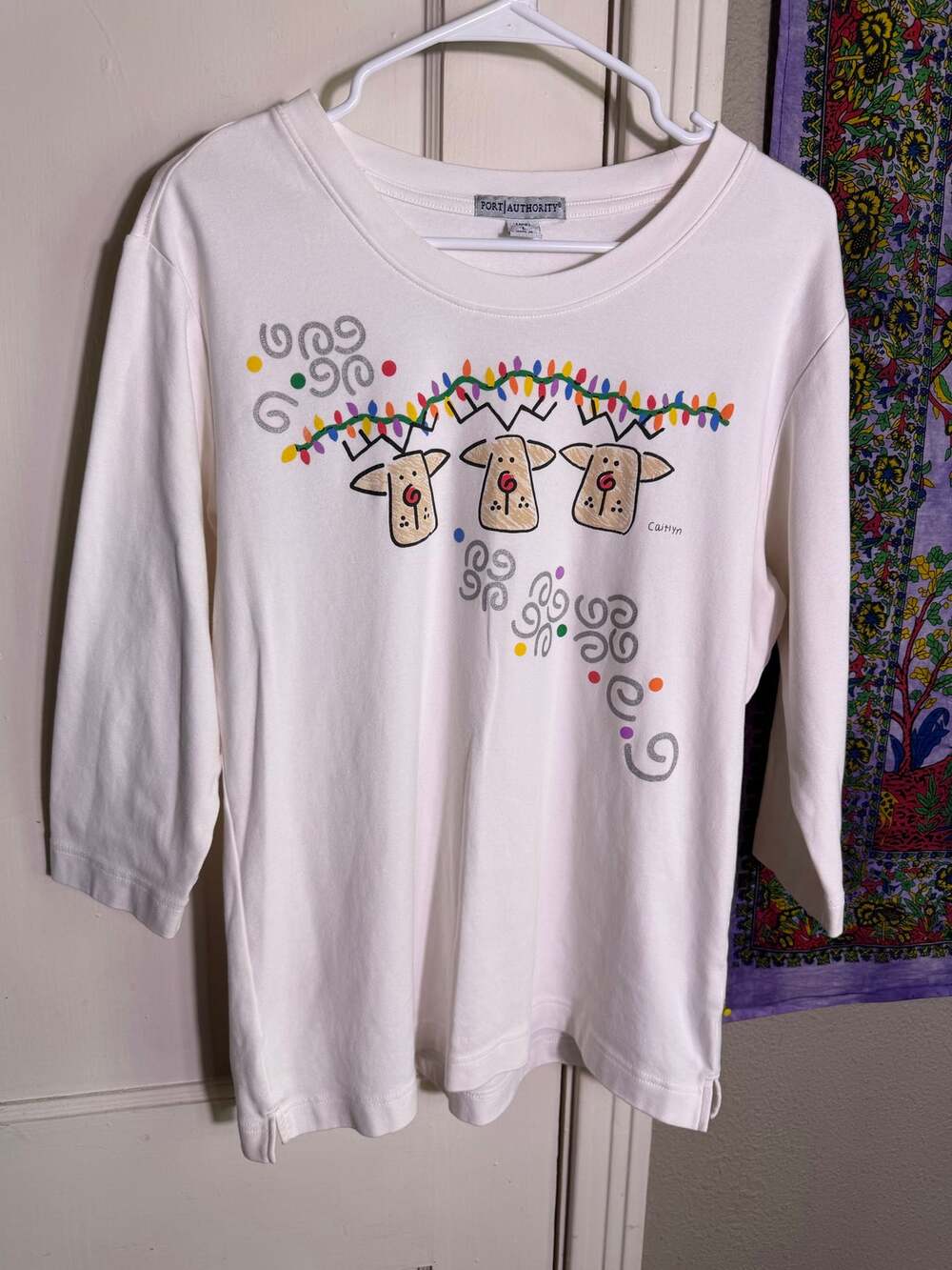 Port Authority White 3/4 Sleeve Top Womens L Holiday Cat Christmas Graphic